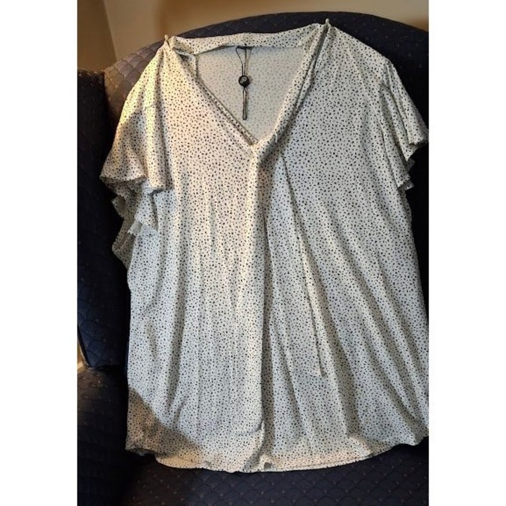 Adrianna Papell Womens XL Cream Black Dot Tie Neck Flutter Sleeve Top AD1S300458